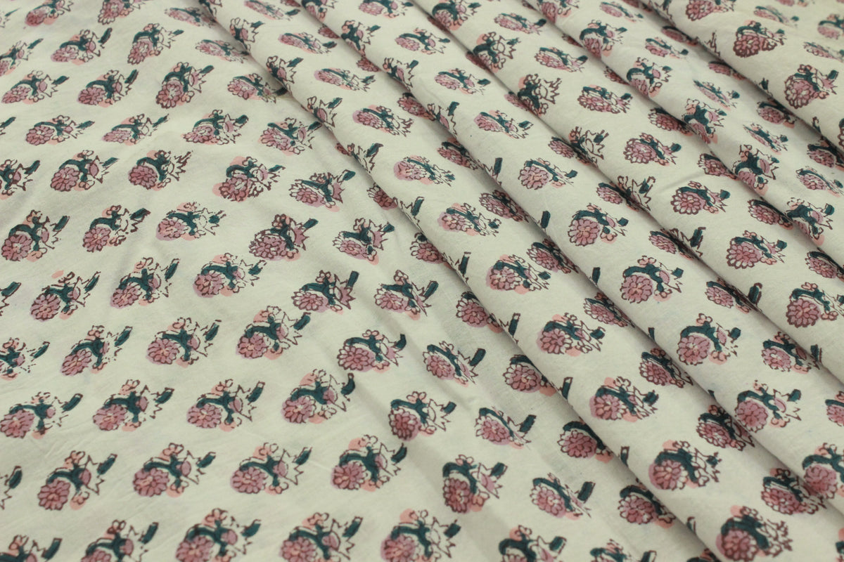 Mughal Floral Linen Fabric: Pink, Green & White Block Print