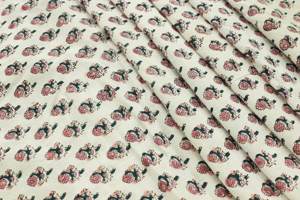 Mughal Floral Linen Fabric: Pink, Green & White Block Print