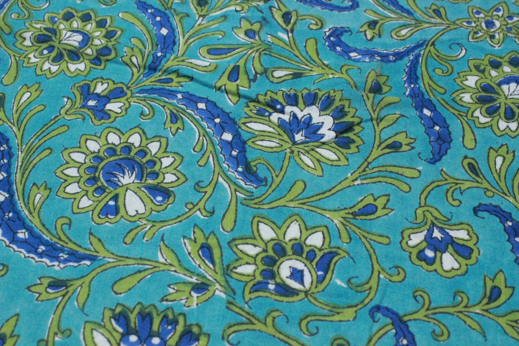Blue & Green Floral Cotton Fabric: Hand Block Print By The Yard