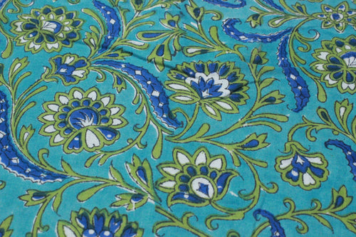 Blue & Green Floral Cotton Fabric: Hand Block Print By The Yard