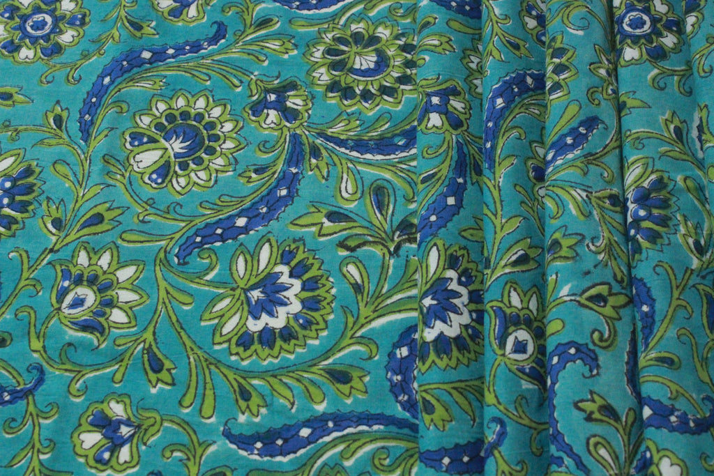 Blue & Green Floral Cotton Fabric: Hand Block Print By The Yard
