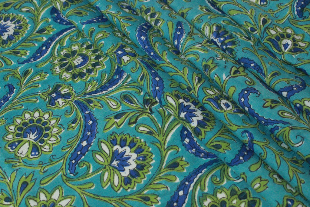 Blue & Green Floral Cotton Fabric: Hand Block Print By The Yard