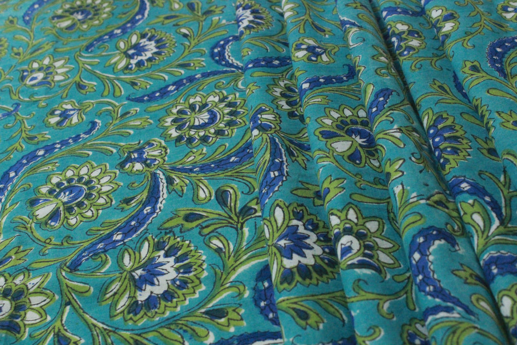Blue & Green Floral Cotton Fabric: Hand Block Print By The Yard