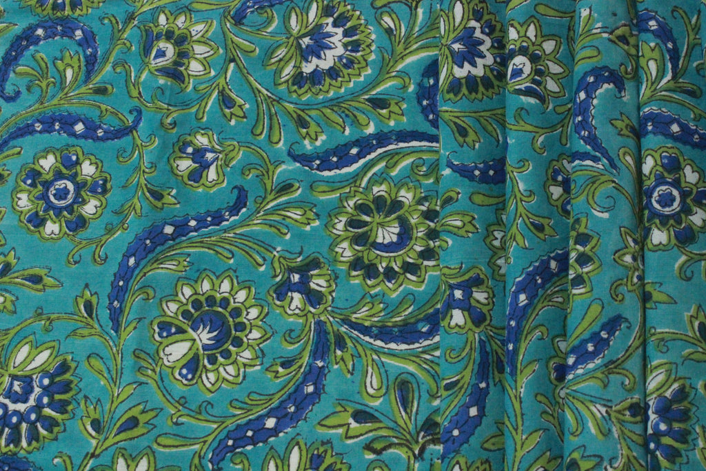 Blue & Green Floral Cotton Fabric: Hand Block Print By The Yard