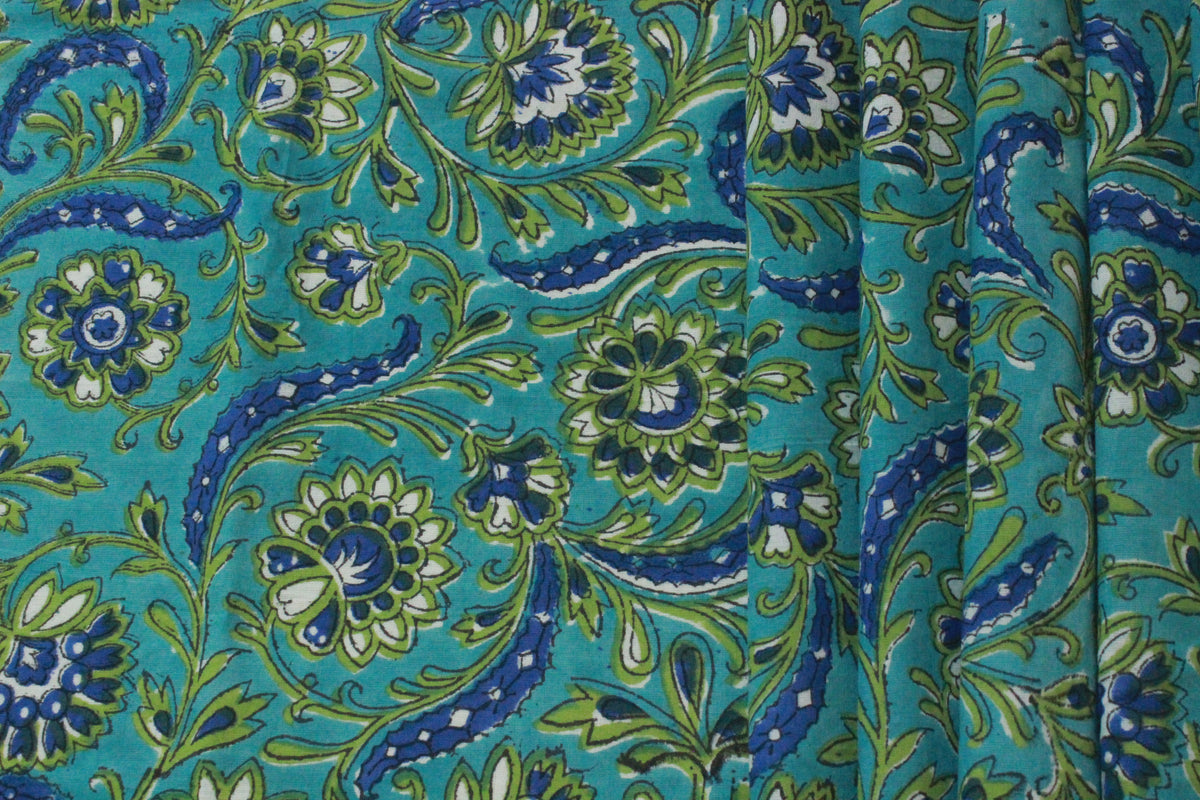 Blue & Green Floral Cotton Fabric: Hand Block Print By The Yard