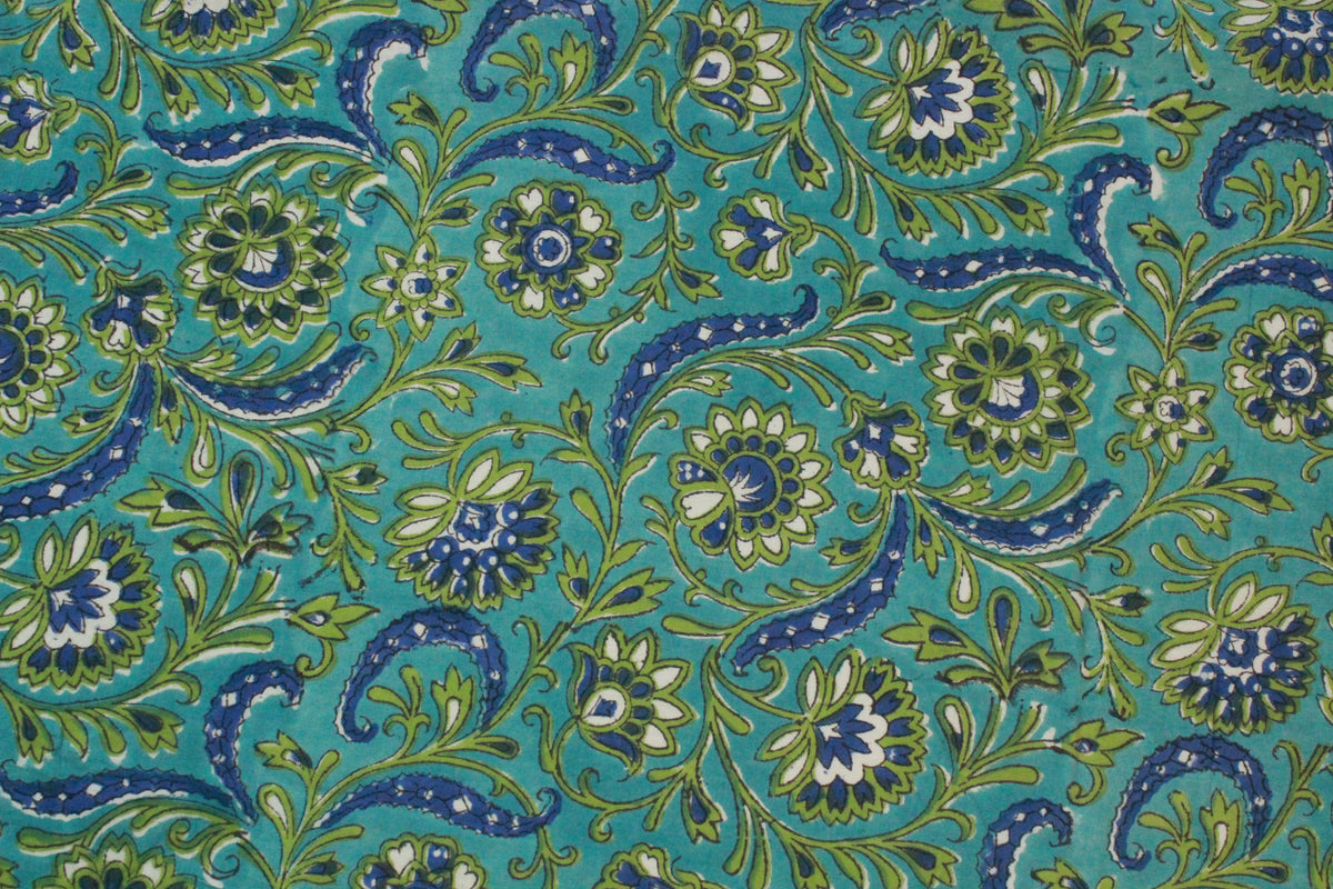 Blue & Green Floral Cotton Fabric: Hand Block Print By The Yard