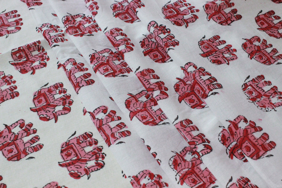 Pink & White Floral Block Print Linen Fabric - Indian Cotton By The Yard