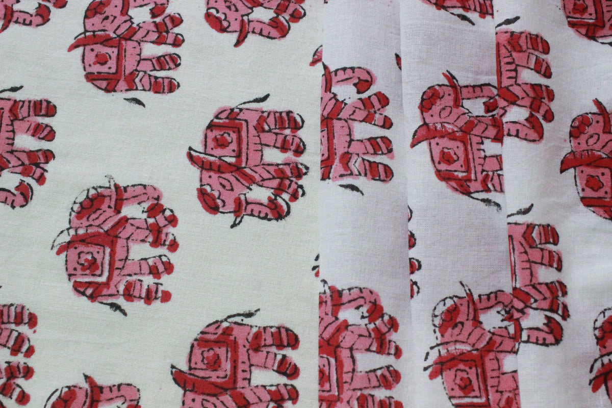 Pink & White Floral Block Print Linen Fabric - Indian Cotton By The Yard