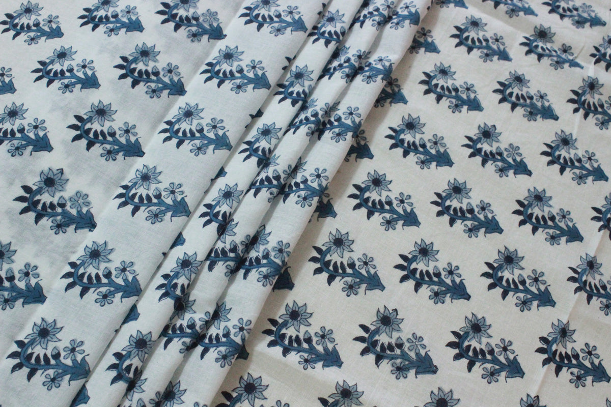 Indian Cotton Fabric: Blue Floral Blockprint, Hand Stamped (By Yard)