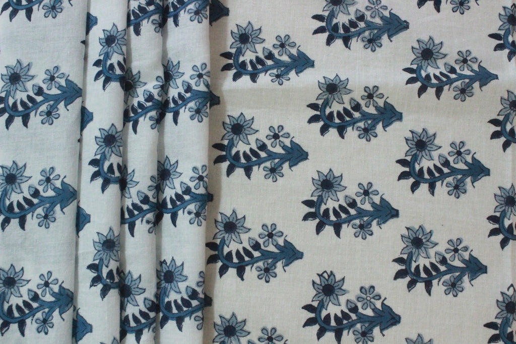 Indian Cotton Fabric: Blue Floral Blockprint, Hand Stamped (By Yard)