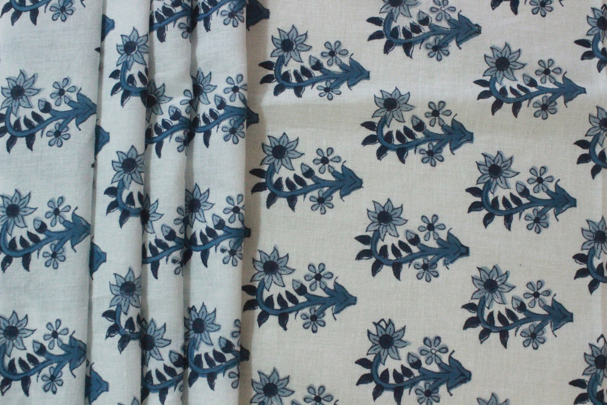 Indian Cotton Fabric: Blue Floral Blockprint, Hand Stamped (By Yard)