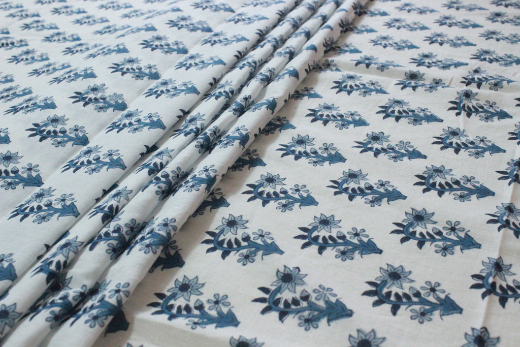 Indian Cotton Fabric: Blue Floral Blockprint, Hand Stamped (By Yard)