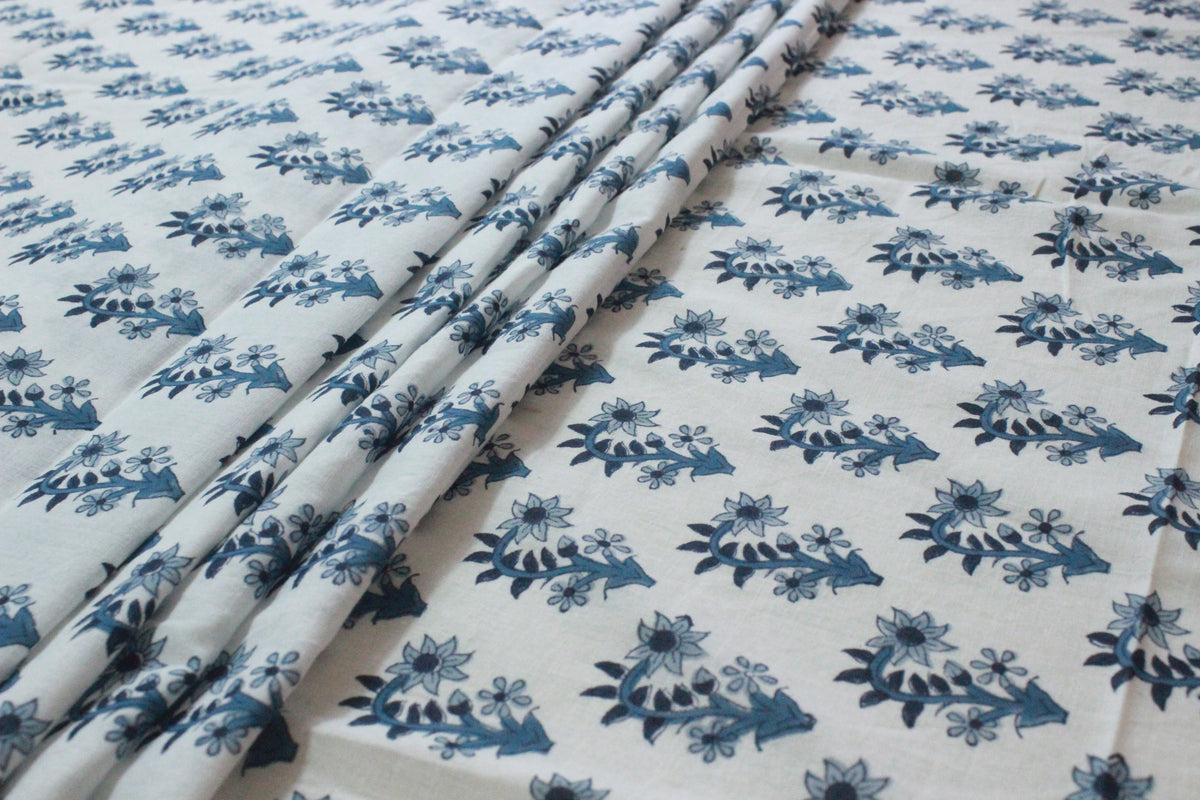 Indian Cotton Fabric: Blue Floral Blockprint, Hand Stamped (By Yard)