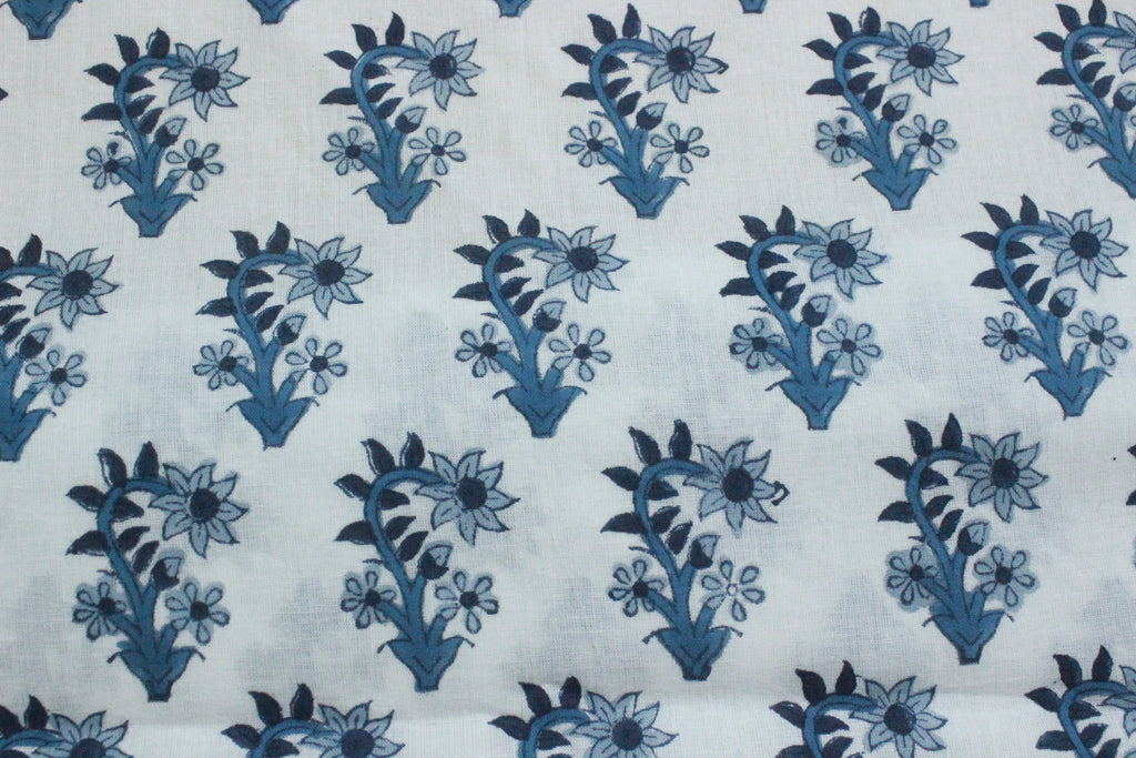 Indian Cotton Fabric: Blue Floral Blockprint, Hand Stamped (By Yard)
