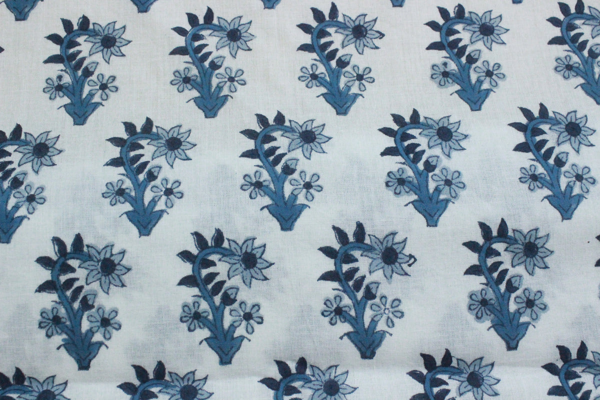 Indian Cotton Fabric: Blue Floral Blockprint, Hand Stamped (By Yard)