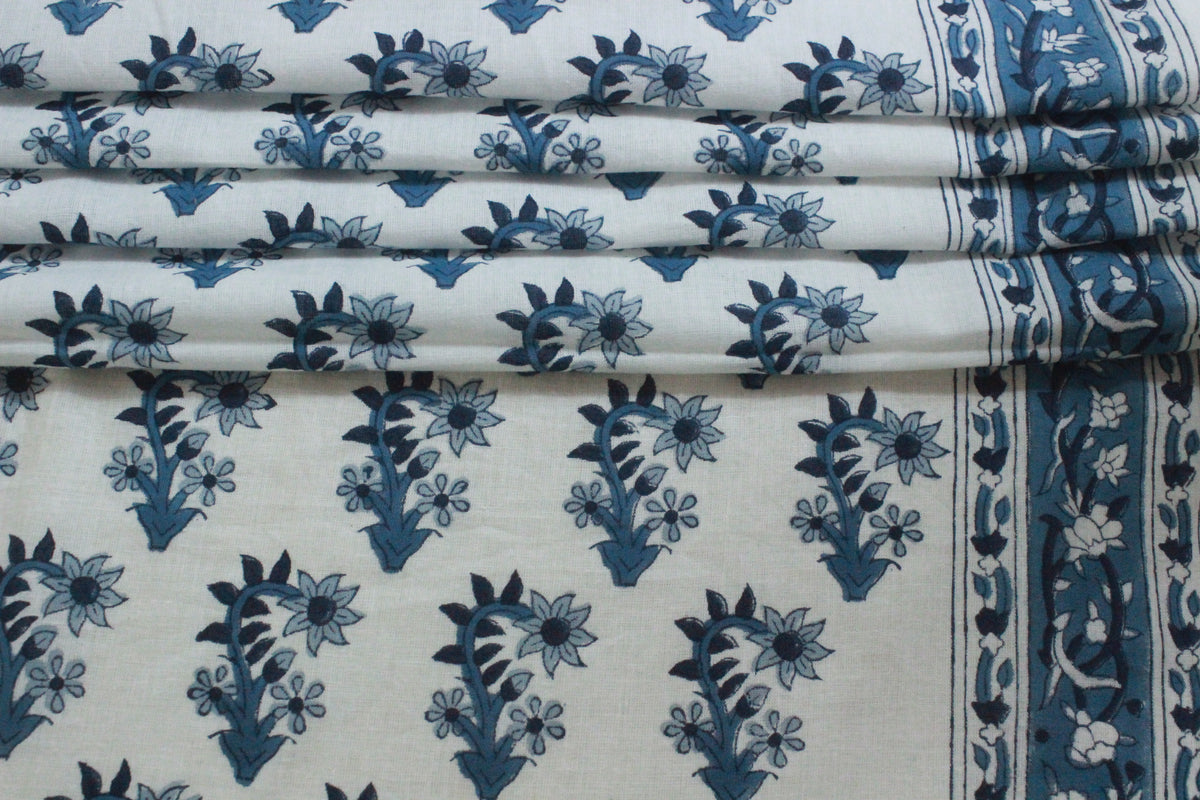 Indian Cotton Fabric: Blue Floral Blockprint, Hand Stamped (By Yard)