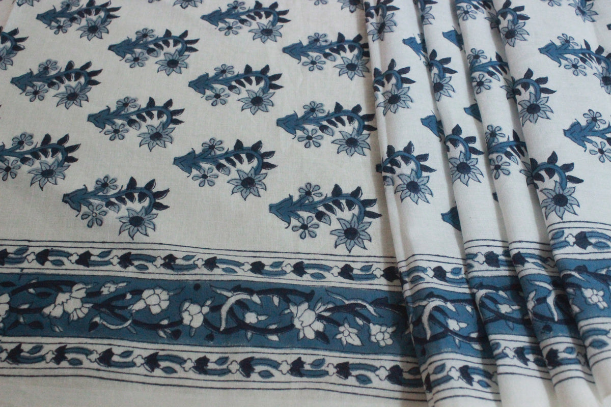 Indian Cotton Fabric: Blue Floral Blockprint, Hand Stamped (By Yard)