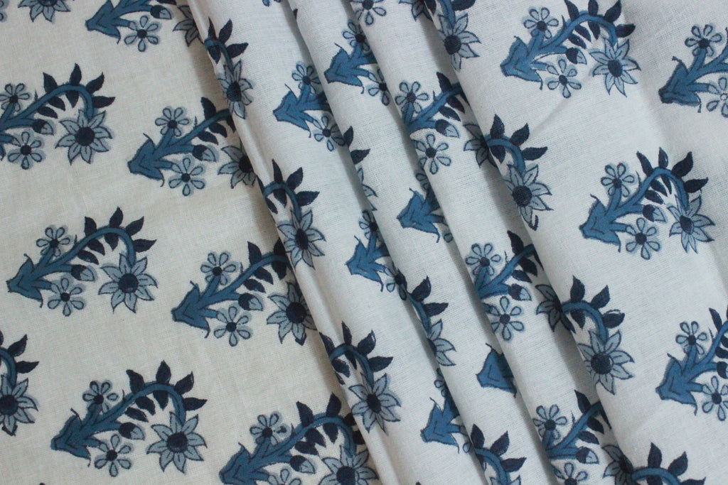 Indian Cotton Fabric: Blue Floral Blockprint, Hand Stamped (By Yard)