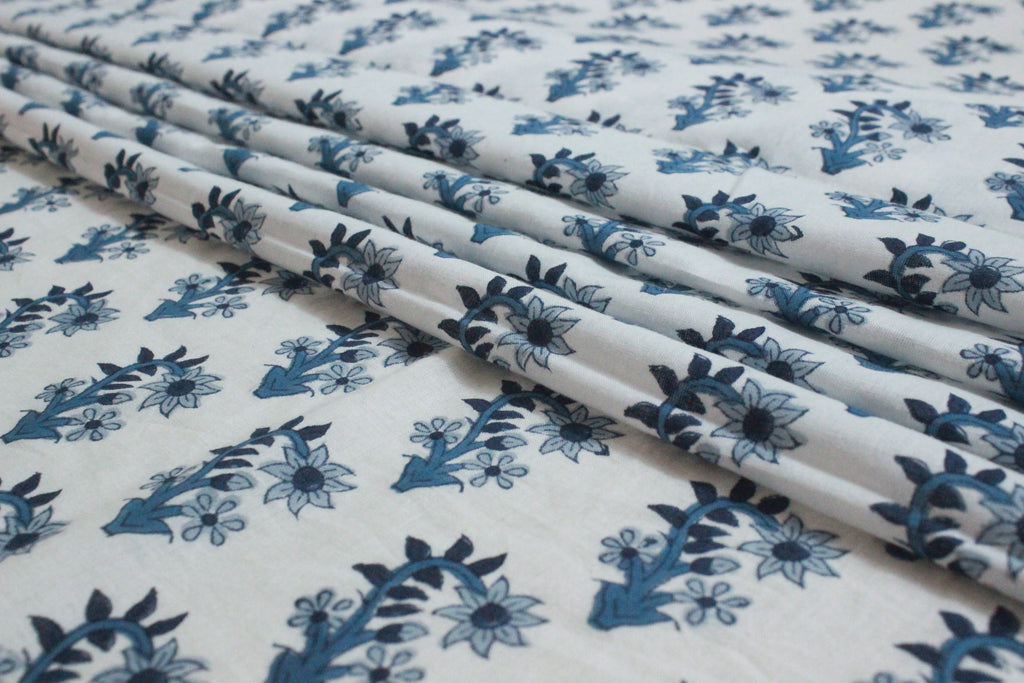 Indian Cotton Fabric: Blue Floral Blockprint, Hand Stamped (By Yard)