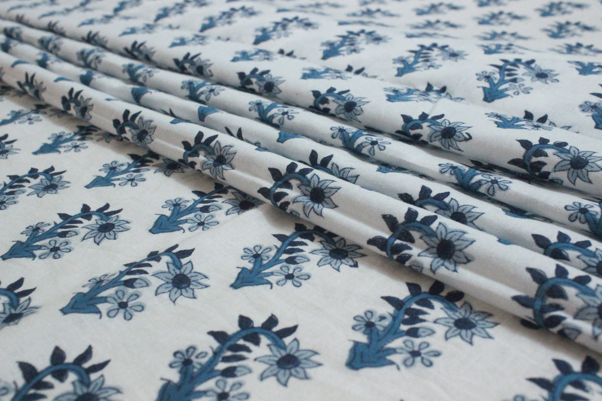 Indian Cotton Fabric: Blue Floral Blockprint, Hand Stamped (By Yard)