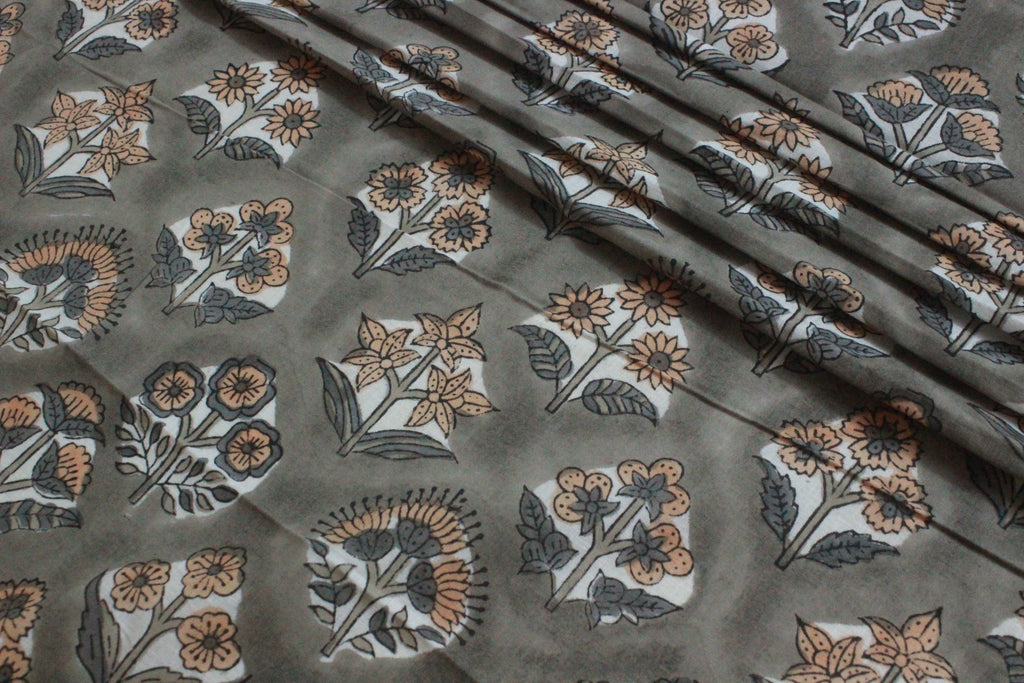 Mughal Floral Block Print Fabric: Grey & Orange Linen or Cotton