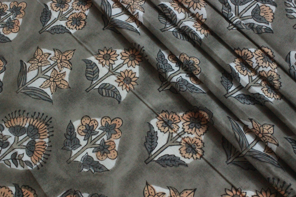 Mughal Floral Block Print Fabric: Grey & Orange Linen or Cotton