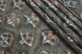 Mughal Floral Block Print Fabric: Grey & Orange Linen or Cotton