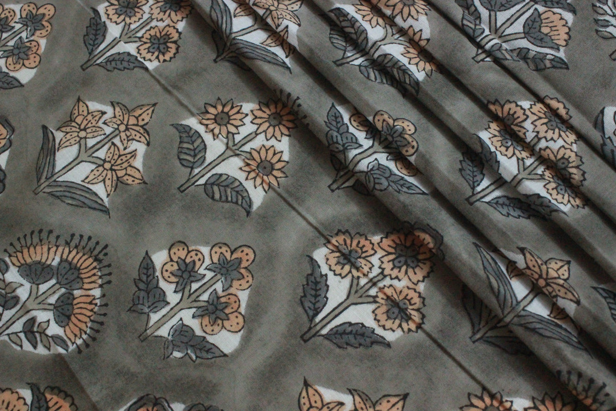 Mughal Floral Block Print Fabric: Grey & Orange Linen or Cotton