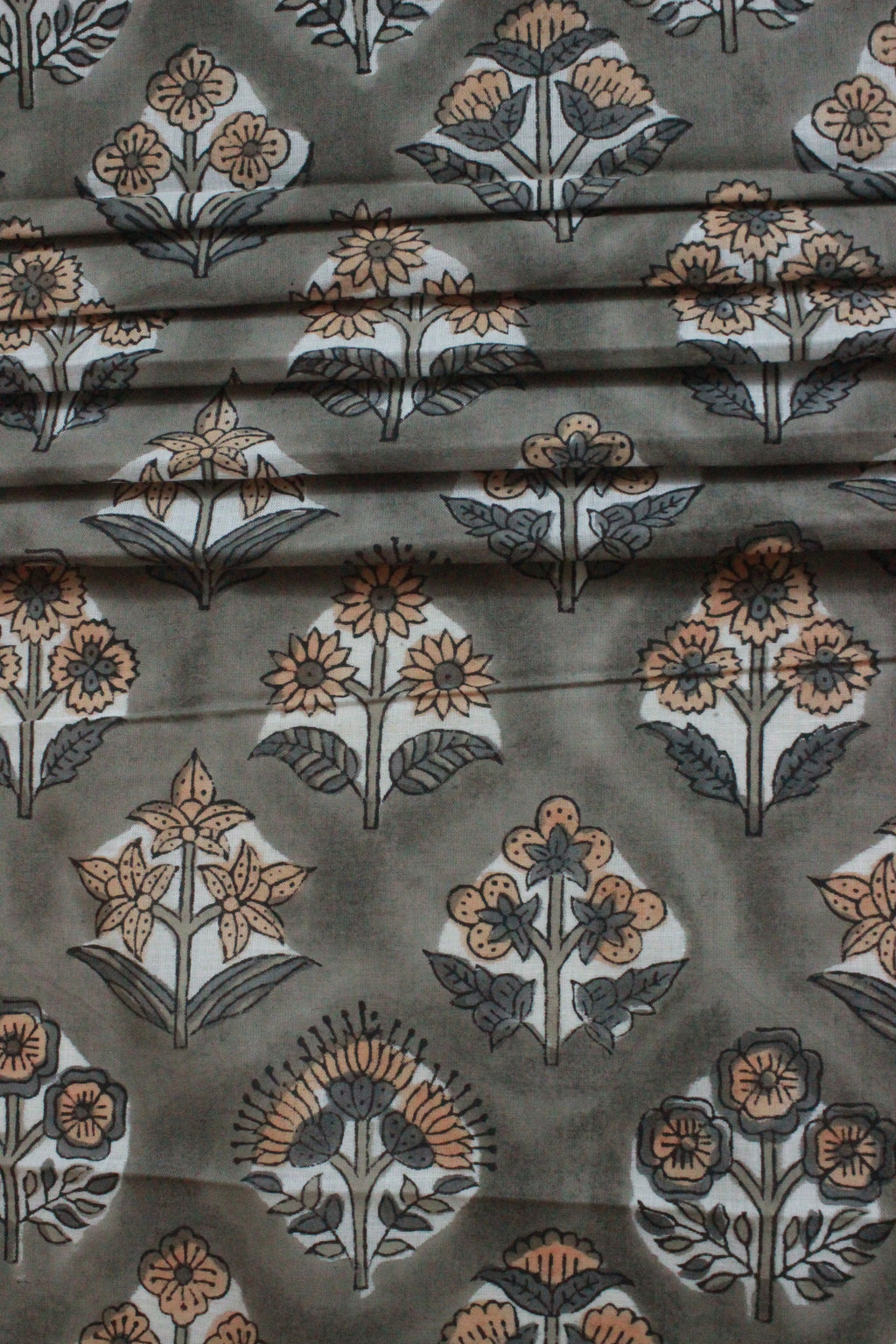 Mughal Floral Block Print Fabric: Grey & Orange Linen or Cotton