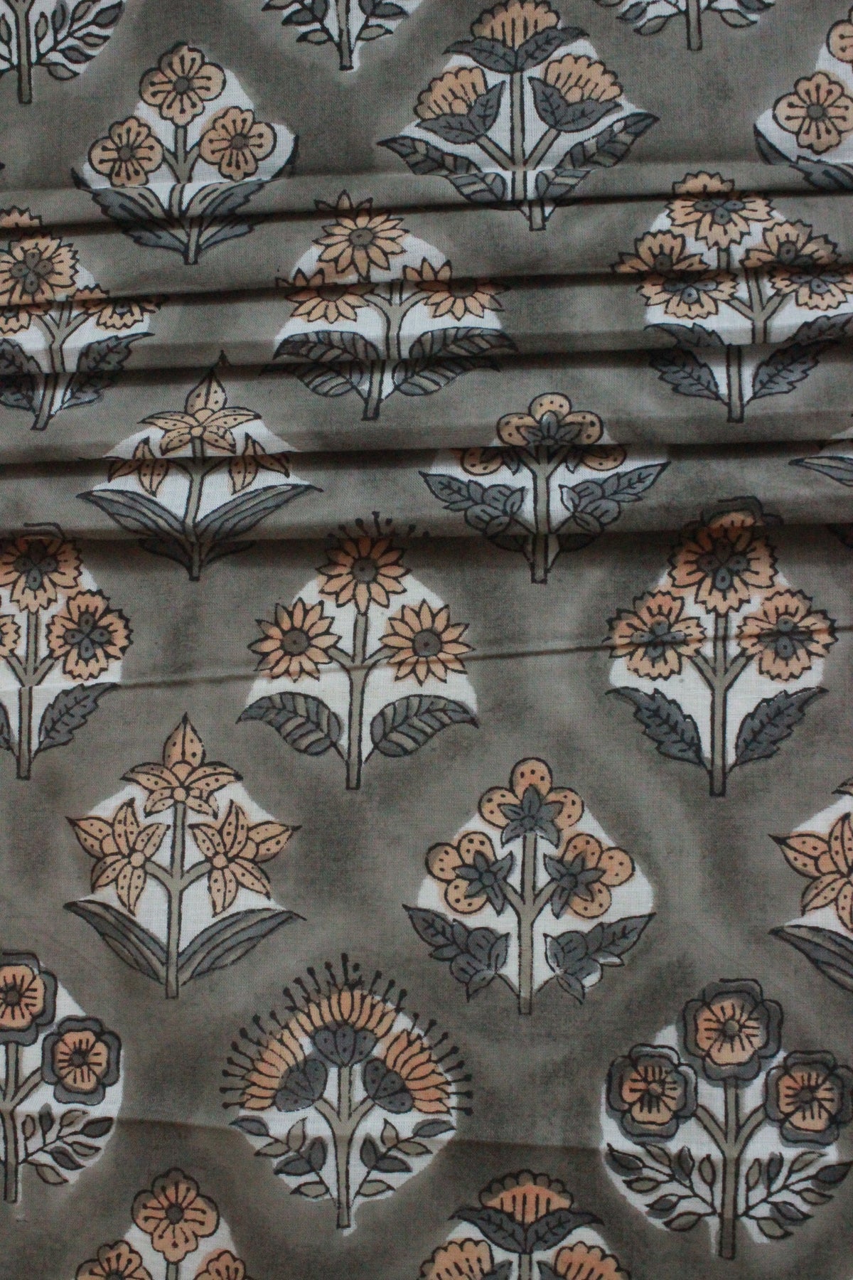 Mughal Floral Block Print Fabric: Grey & Orange Linen or Cotton