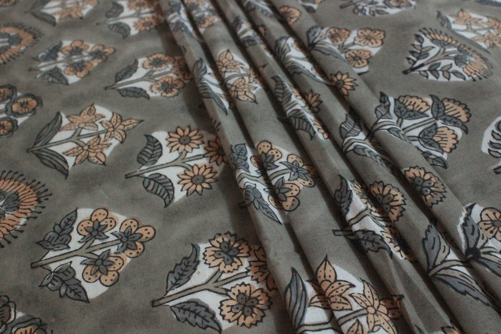 Mughal Floral Block Print Fabric: Grey & Orange Linen or Cotton