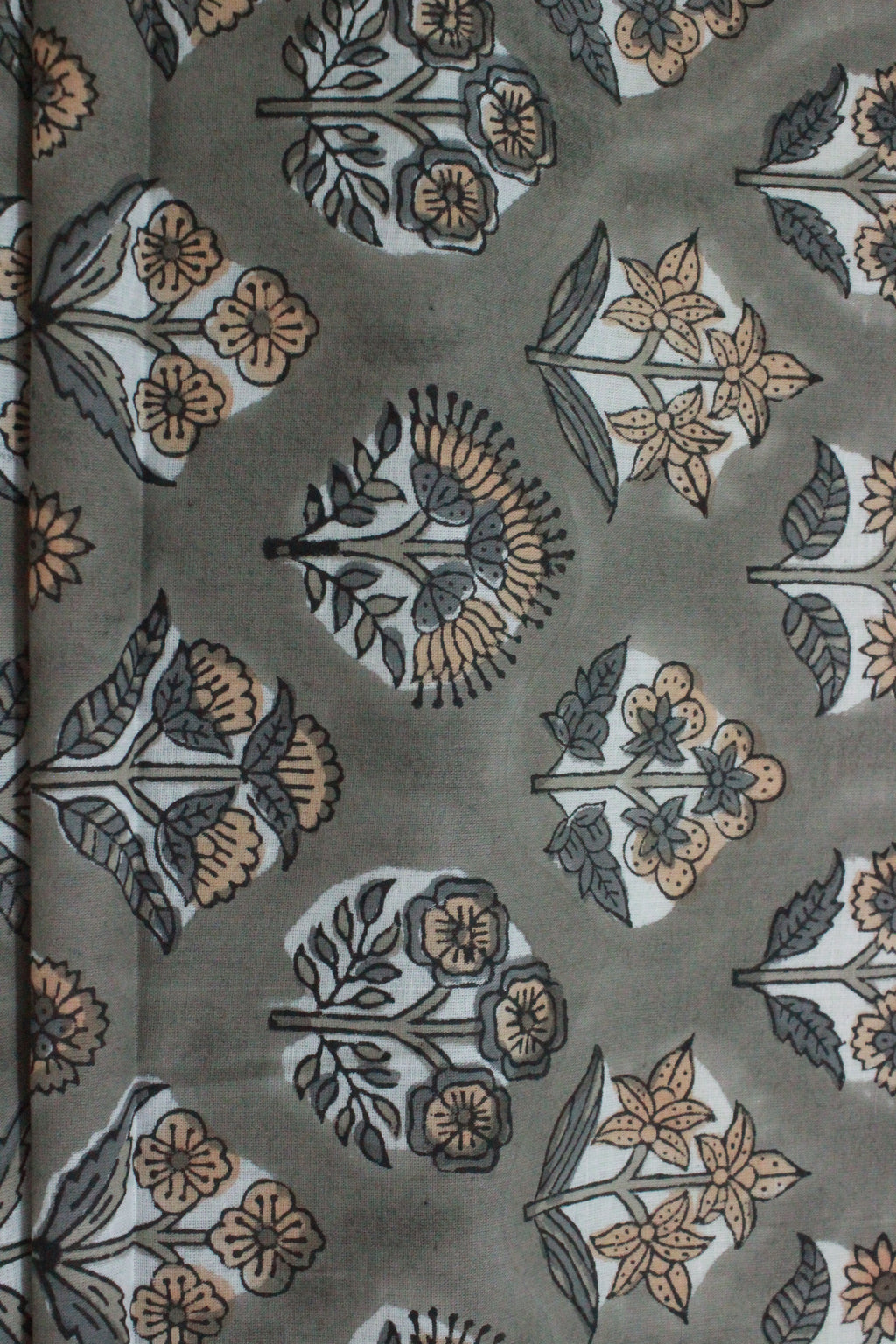 Mughal Floral Block Print Fabric: Grey & Orange Linen or Cotton