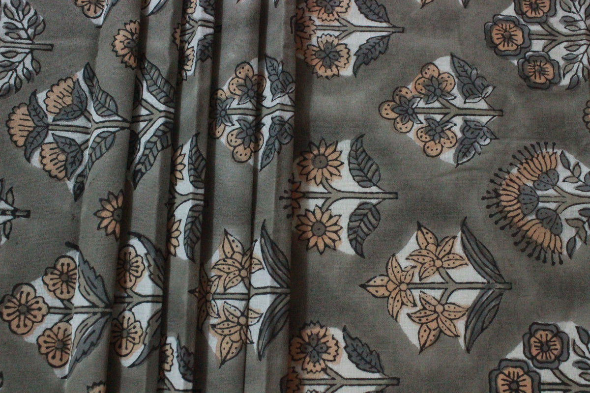 Mughal Floral Block Print Fabric: Grey & Orange Linen or Cotton