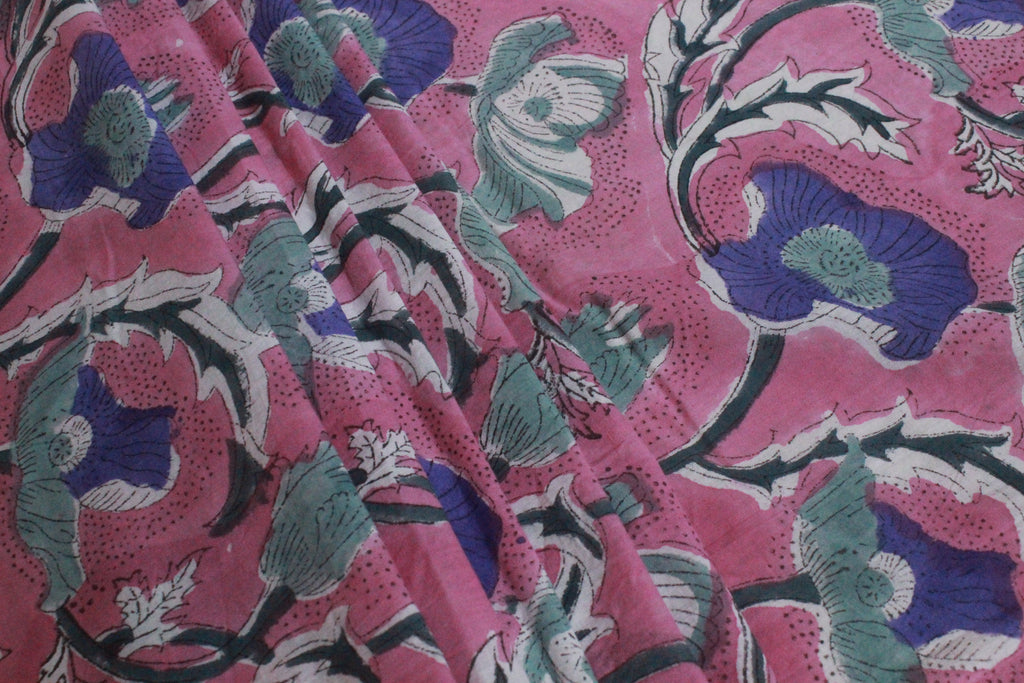 Mughal Floral Print Cotton Fabric: Hand Block Printed Indian Fabric