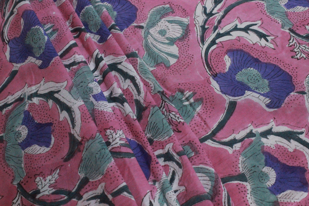 Mughal Floral Print Cotton Fabric: Hand Block Printed Indian Fabric