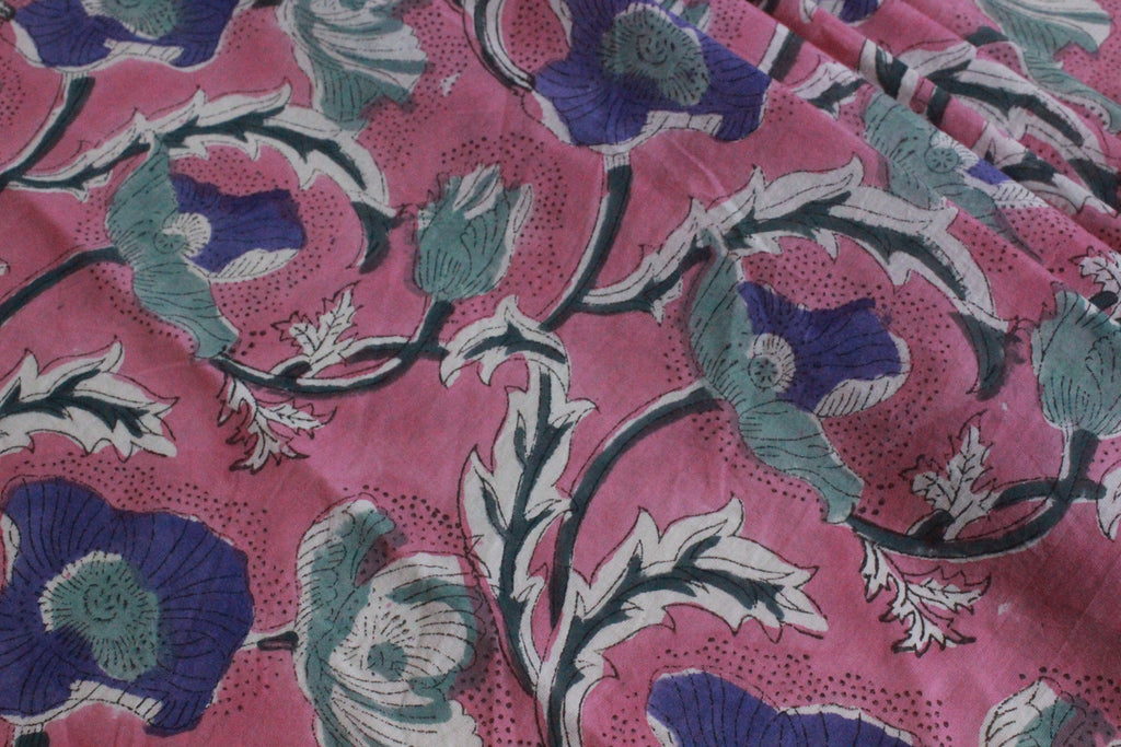 Mughal Floral Print Cotton Fabric: Hand Block Printed Indian Fabric