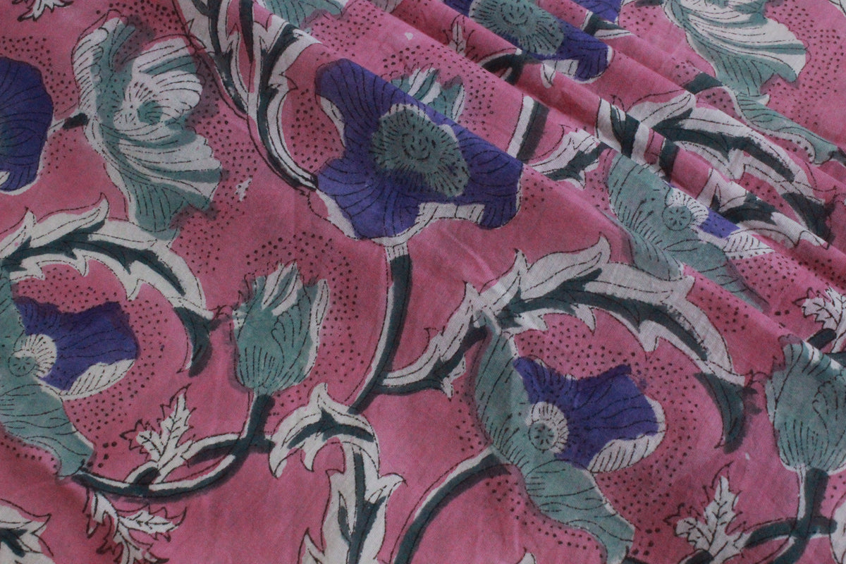 Mughal Floral Print Cotton Fabric: Hand Block Printed Indian Fabric