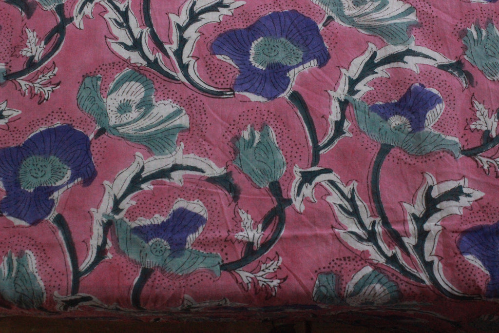 Mughal Floral Print Cotton Fabric: Hand Block Printed Indian Fabric