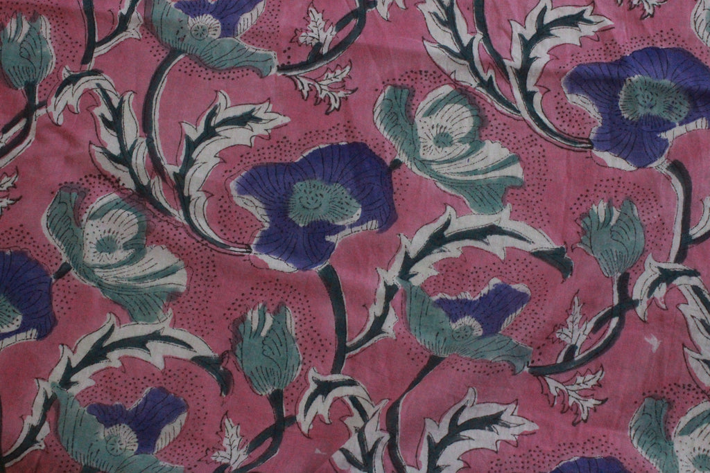 Mughal Floral Print Cotton Fabric: Hand Block Printed Indian Fabric
