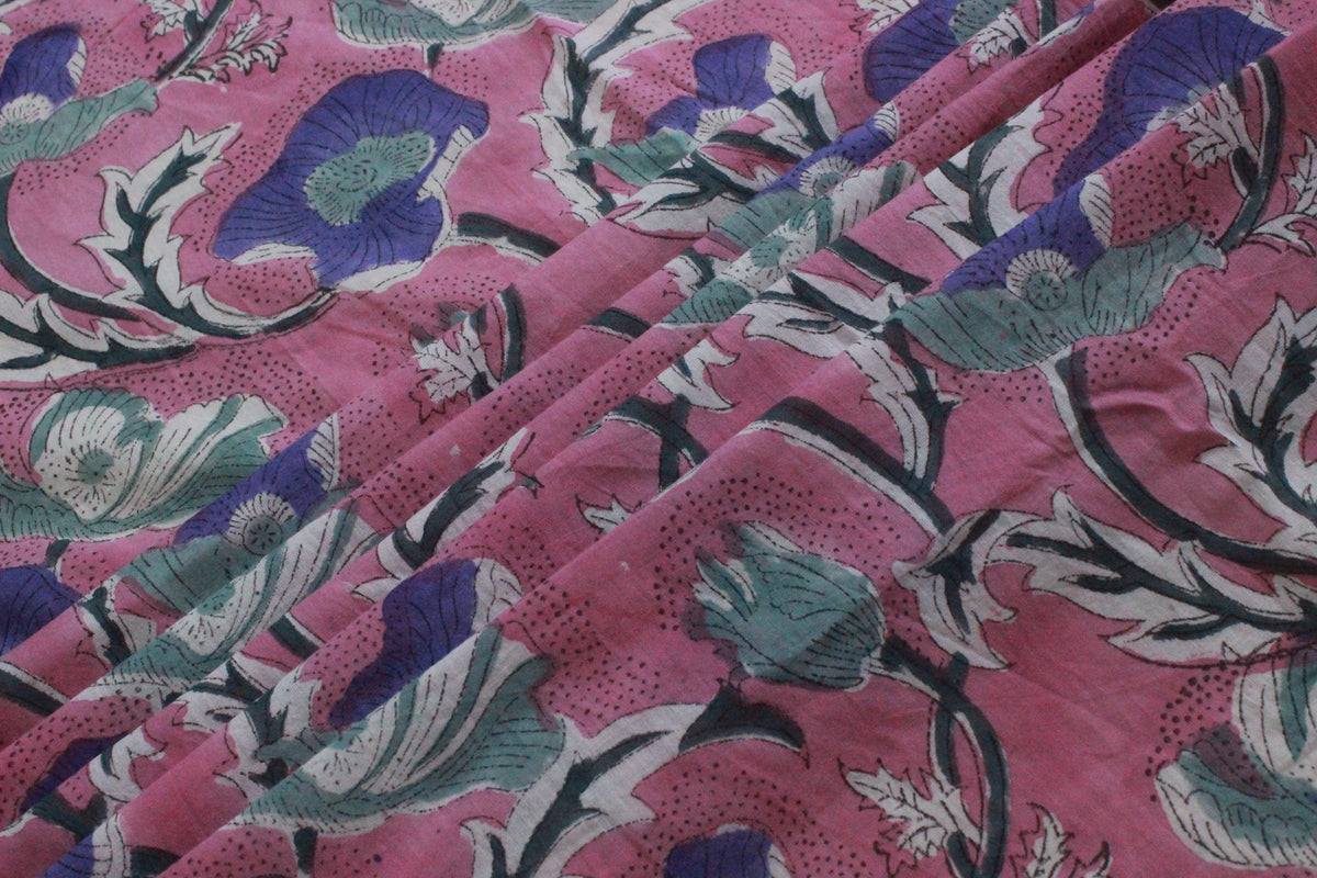 Mughal Floral Print Cotton Fabric: Hand Block Printed Indian Fabric
