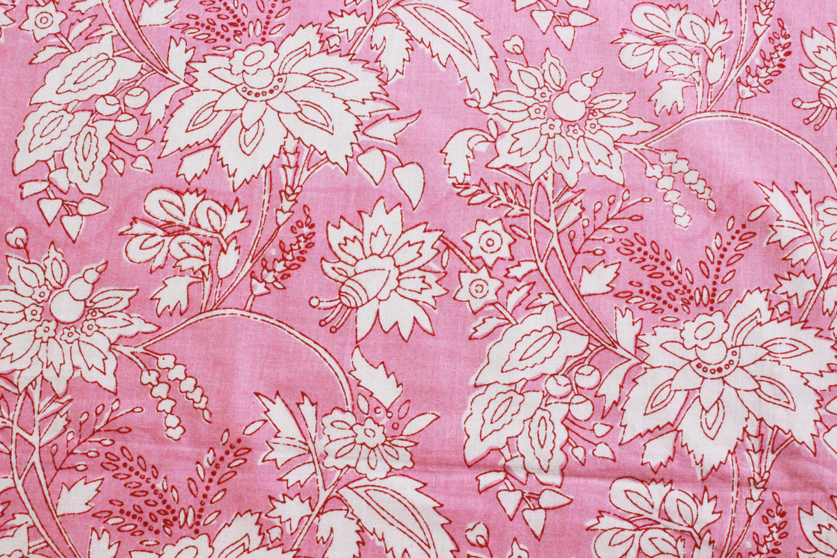Pink Floral Block Print Cotton Fabric: Hand Stamped Indian Fabric