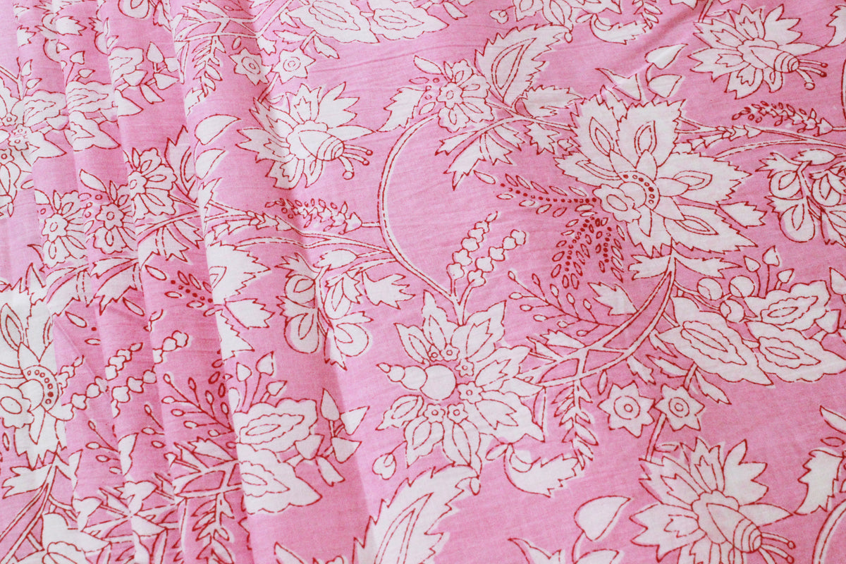 Pink Floral Block Print Cotton Fabric: Hand Stamped Indian Fabric