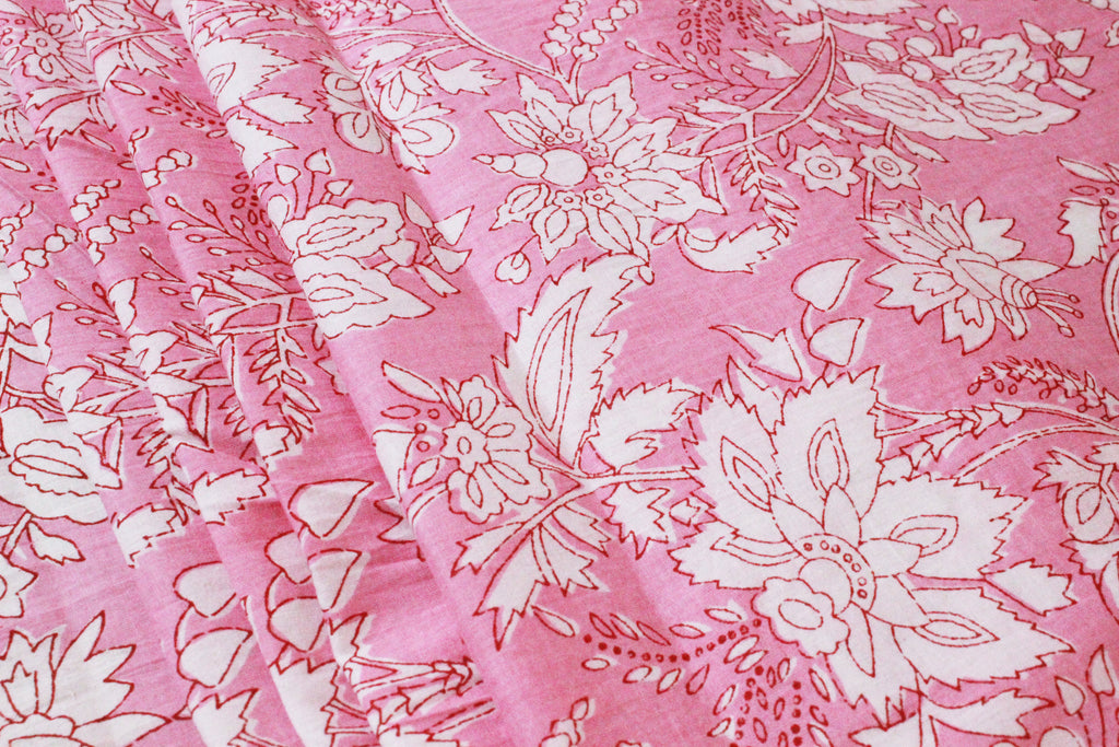 Pink Floral Block Print Cotton Fabric: Hand Stamped Indian Fabric