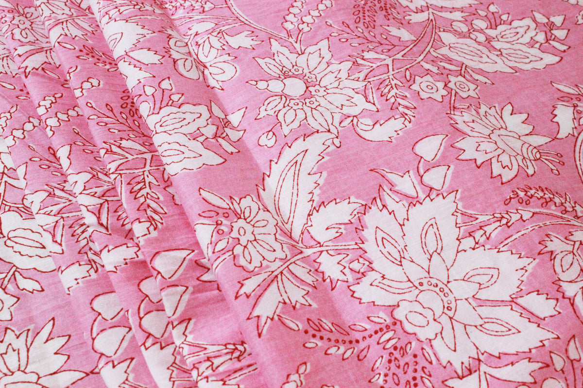Pink Floral Block Print Cotton Fabric: Hand Stamped Indian Fabric