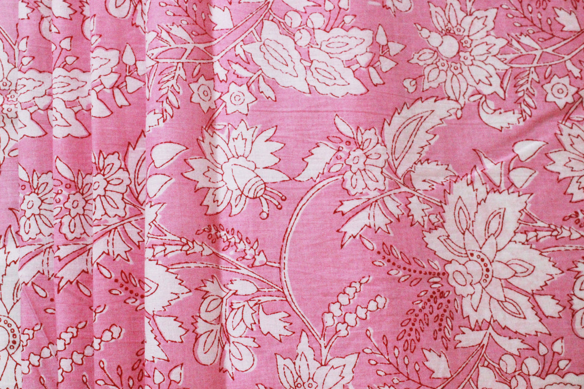 Pink Floral Block Print Cotton Fabric: Hand Stamped Indian Fabric