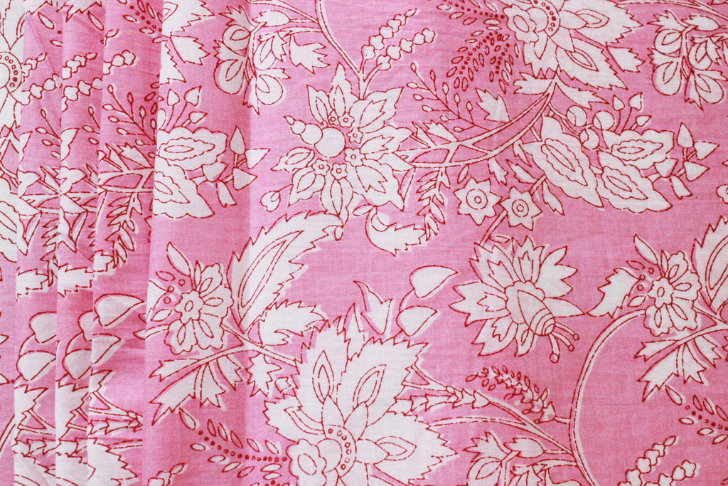 Pink Floral Block Print Cotton Fabric: Hand Stamped Indian Fabric