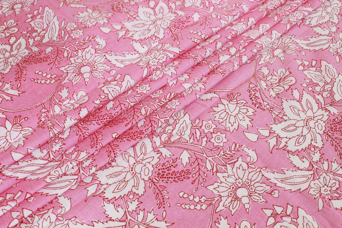 Pink Floral Block Print Cotton Fabric: Hand Stamped Indian Fabric