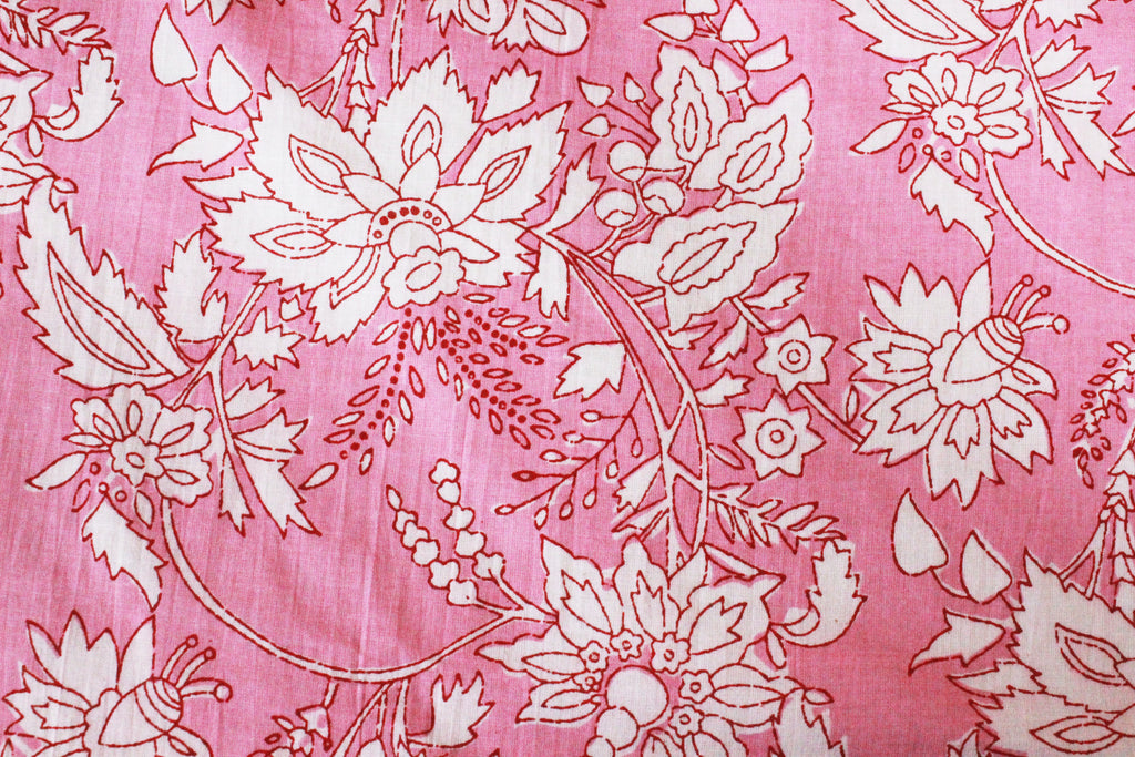 Pink Floral Block Print Cotton Fabric: Hand Stamped Indian Fabric