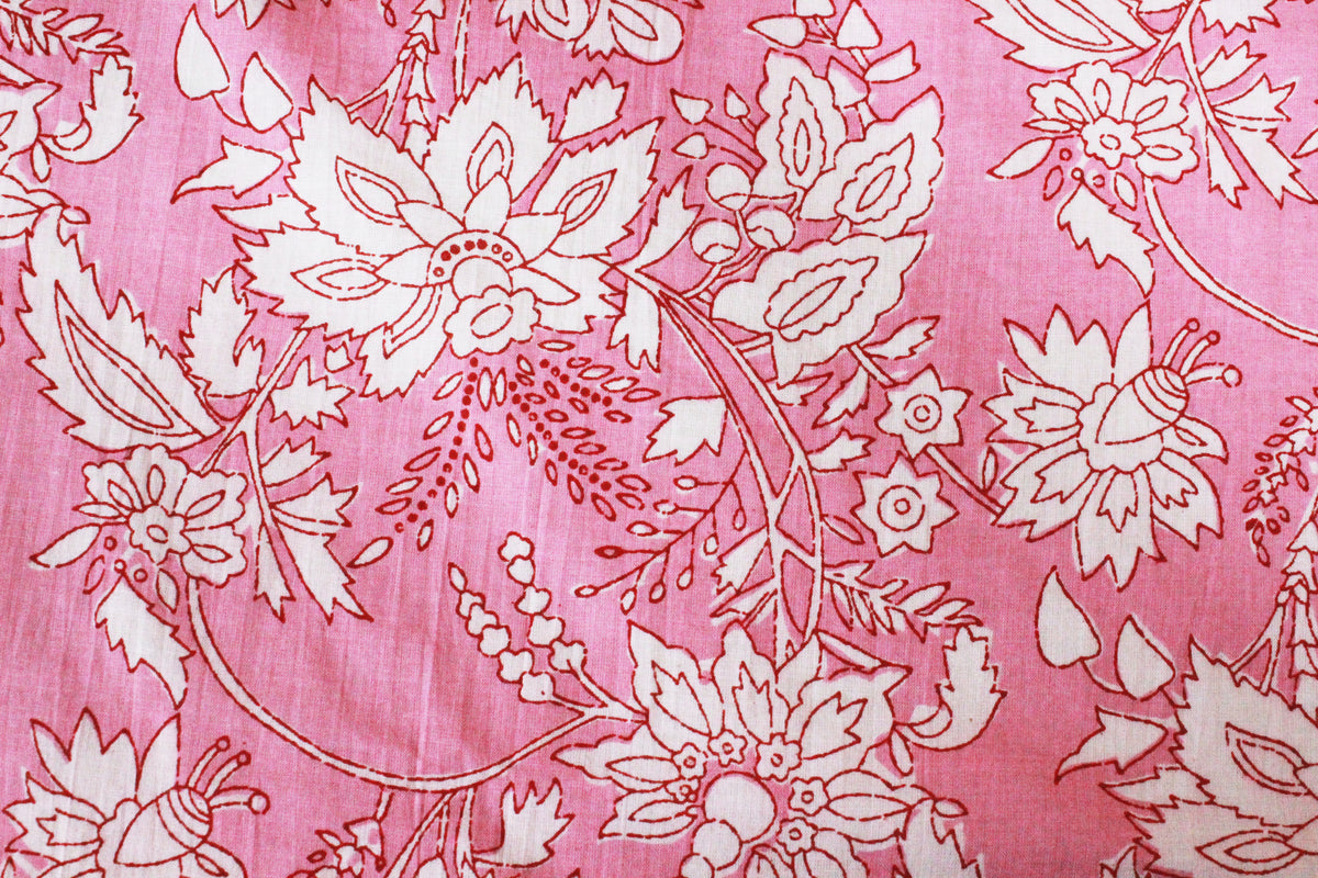 Pink Floral Block Print Cotton Fabric: Hand Stamped Indian Fabric