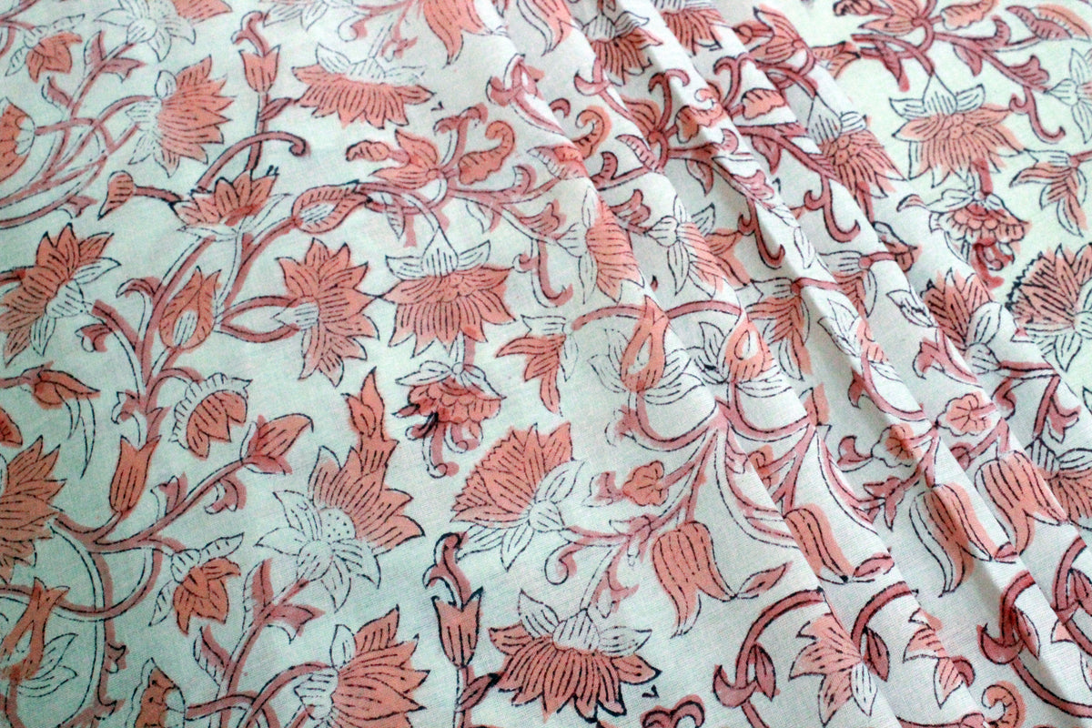 Peach & White Block Print Linen Fabric: Mughal Floral Design